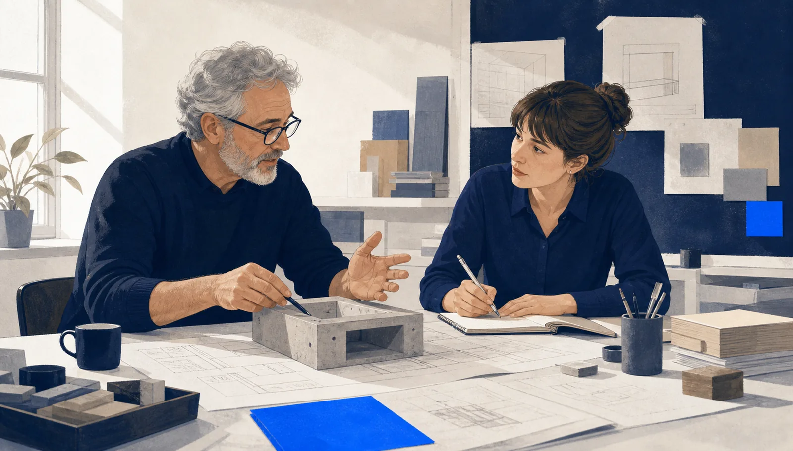 Deux collègues se transmettent un savoir-faire à partir de plans et d’un objet de travail