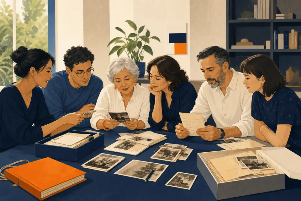 Plusieurs générations d’une famille consultent ensemble photographies et correspondances