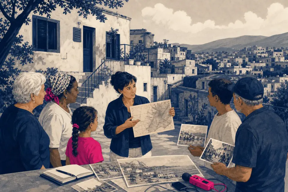 Des habitants et une médiatrice relient une carte et des photographies à un lieu habité