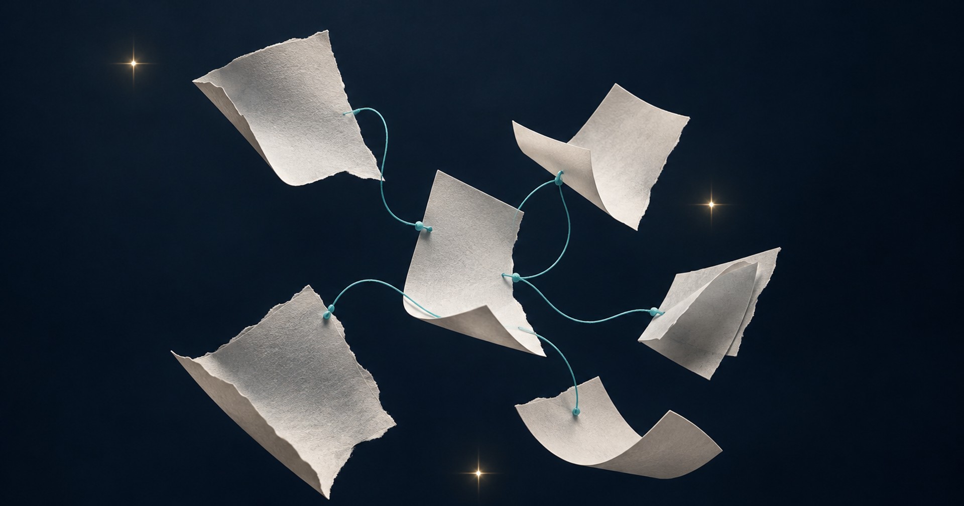 Des fragments de papier blanc restent séparés et se relient par un fil turquoise sur un fond bleu nuit, ponctué de rares étoiles à quatre branches.