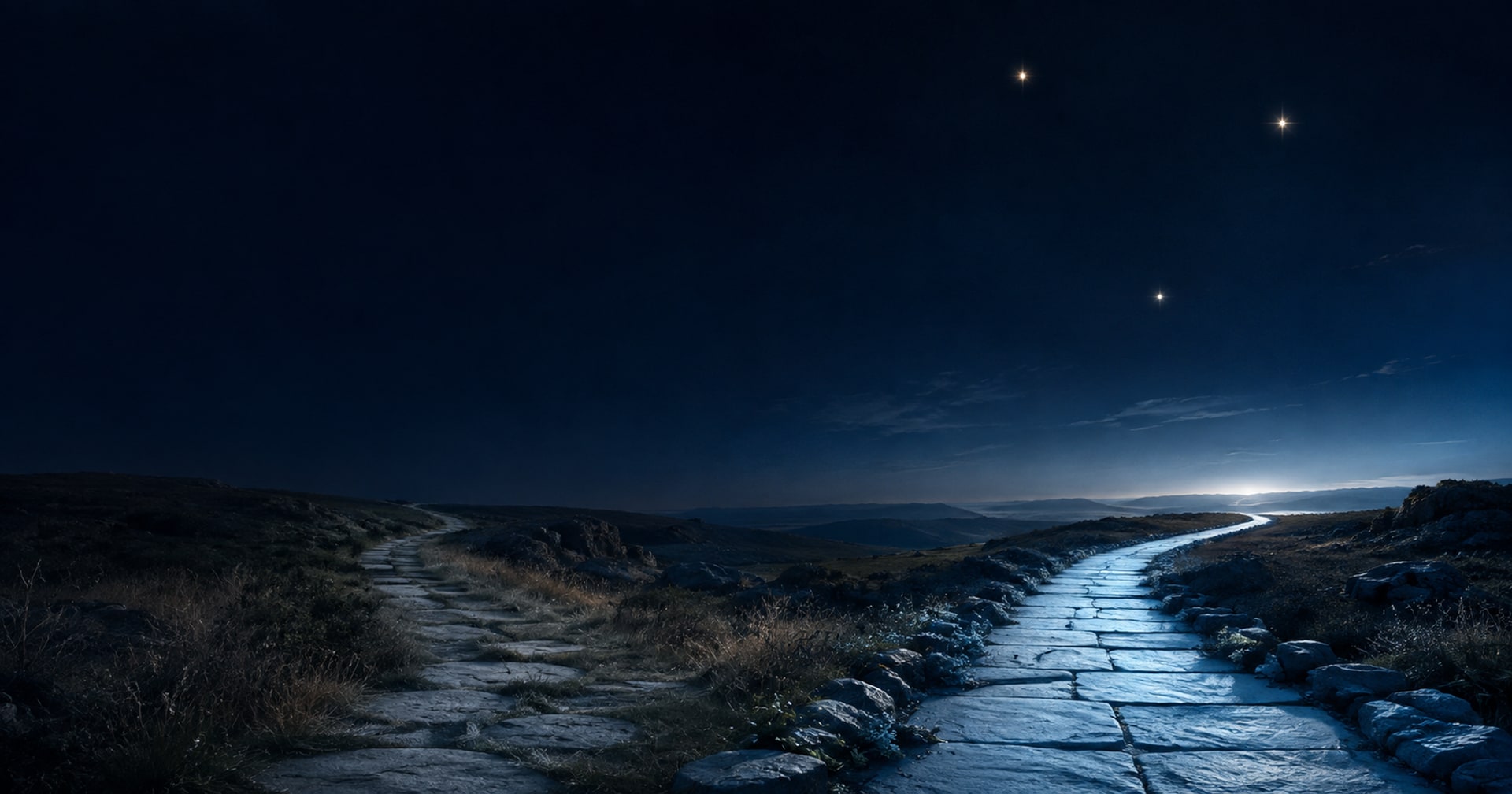Un ancien chemin de pierre reste visible à gauche tandis qu’un passage actuel poursuit une autre direction, sous un ciel bleu nuit.