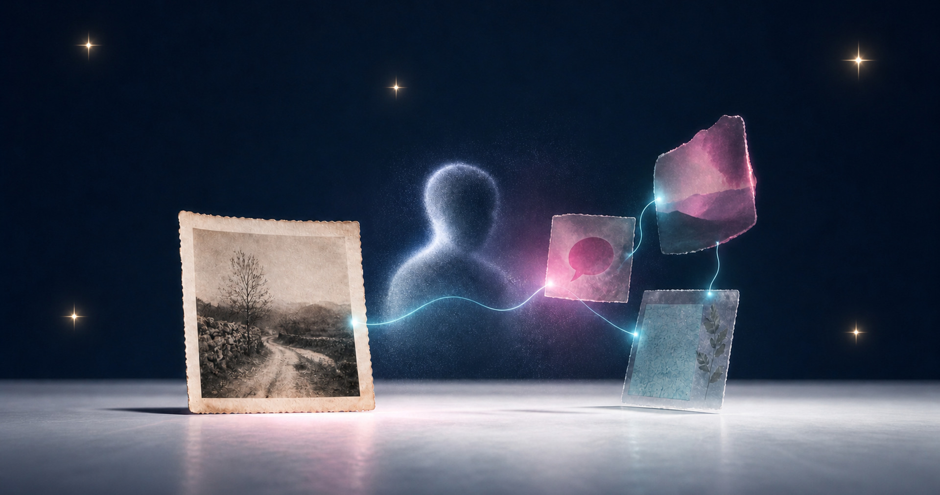 Une photographie ancienne reliée à un témoin puis à plusieurs fragments de récit symbolise la provenance d’un souvenir.